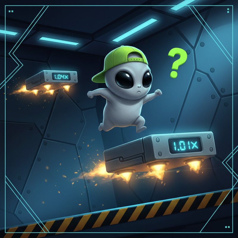 Jumper slot game alien karakter met groene pet staand op zwevende metalen platforms met raketmotoren in ruimteschip interieur, multipliers 1.04x en 1.01x zichtbaar